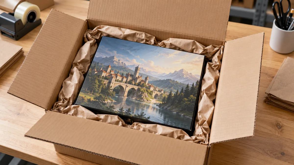 Board game box packed in a shipping carton with paper void fill
